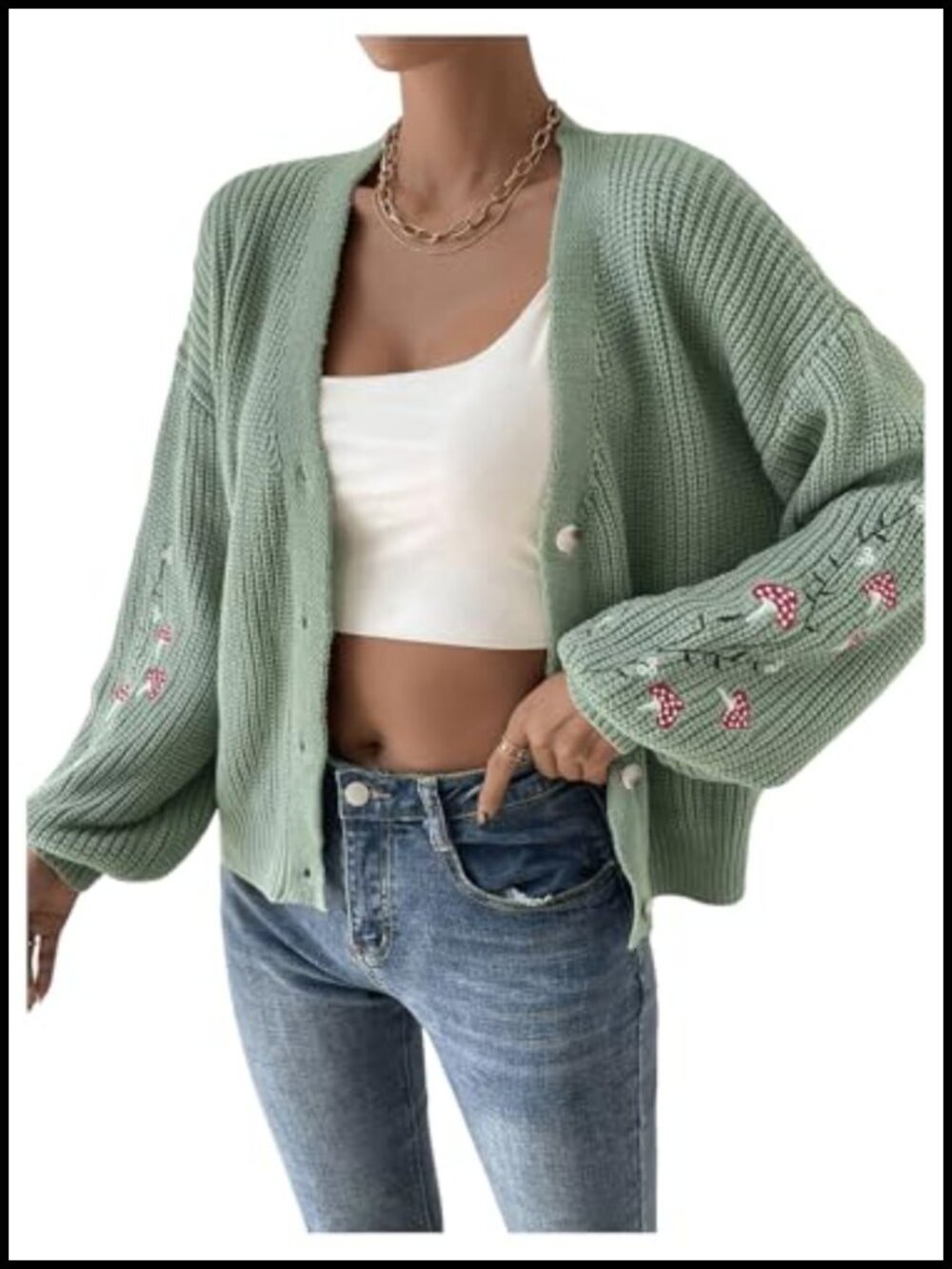 Womens Embroidery Cardigan Drop Shoulder Button Front Duster Knit Sweater - Picture 2 of 5